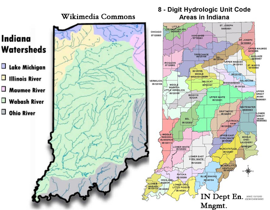 Indiana watershed maps from Wikimedia and IUPUI.edu